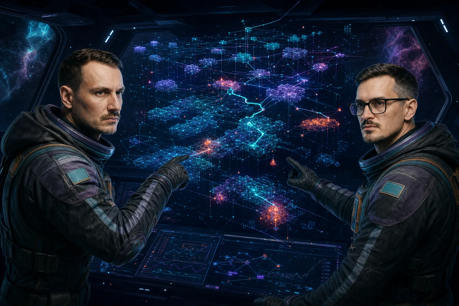 Marcin i Przemek analizują holograficzną mapę dużego repozytorium z modułami, zależnościami, ścieżką funkcji i zaznaczonymi obszarami ryzyka