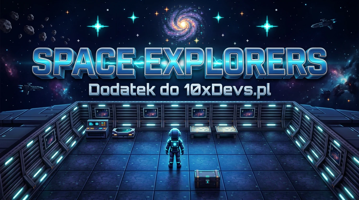 Pixelartowy mostek stacji Space Explorers: astronauta stoi przy konsolach misji pod rozgwieżdżonym niebem, nad nim logo dodatku